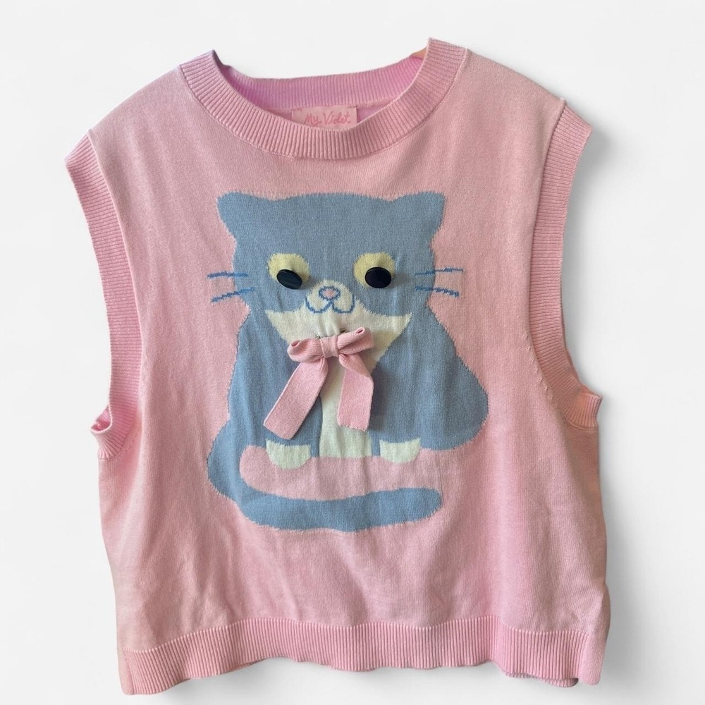 My Violet Pink Cat Knit Sweater Vest XL Blue Kitty Button Eyes Bow Coquette
